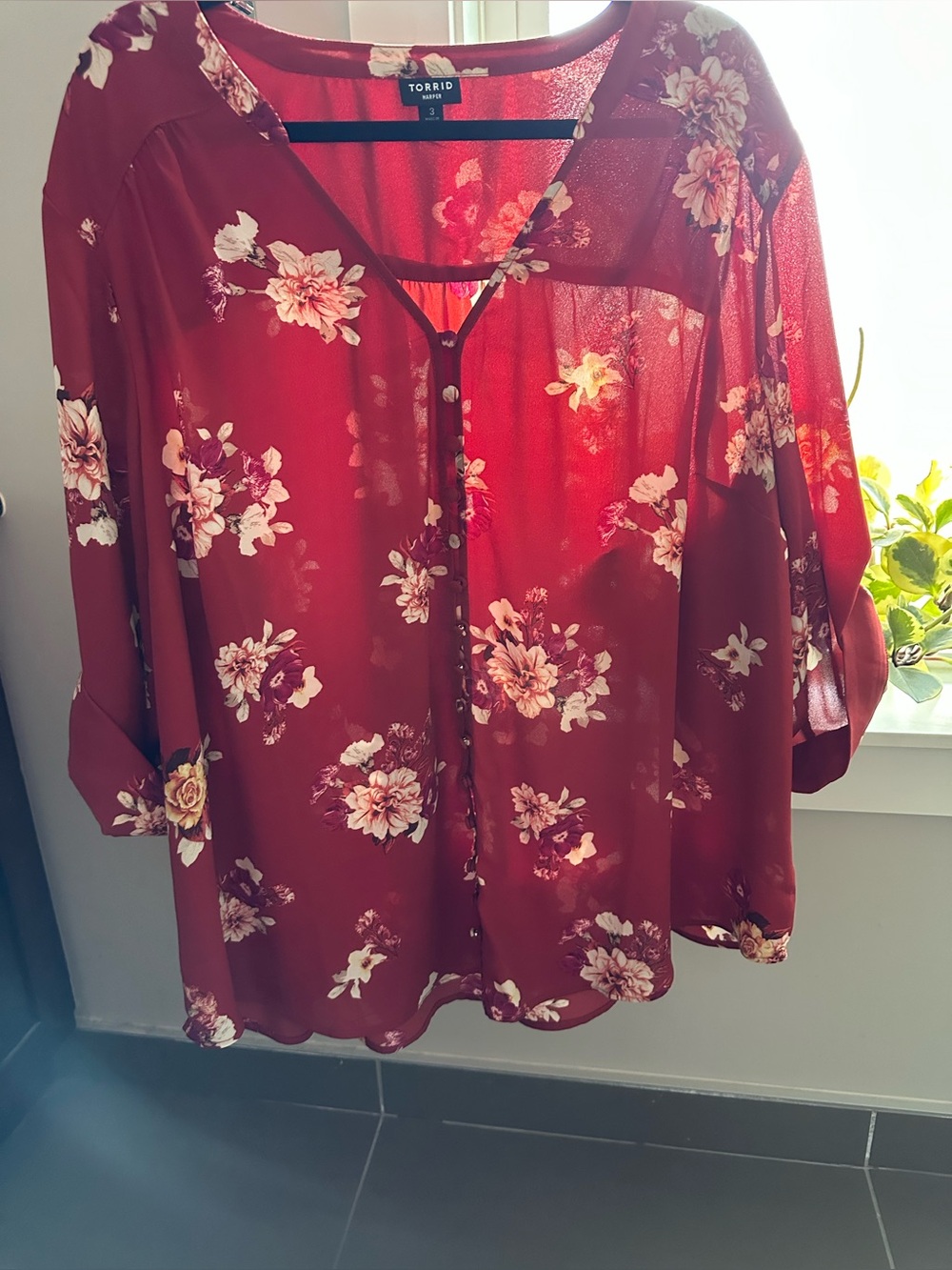 Torrid burgundy floral button-down blouse